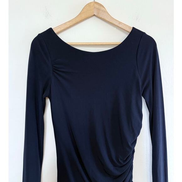 BADGLEY MISHKA deep navy blue scoop neck side ruched midi cocktail dress - Picture 4 of 7